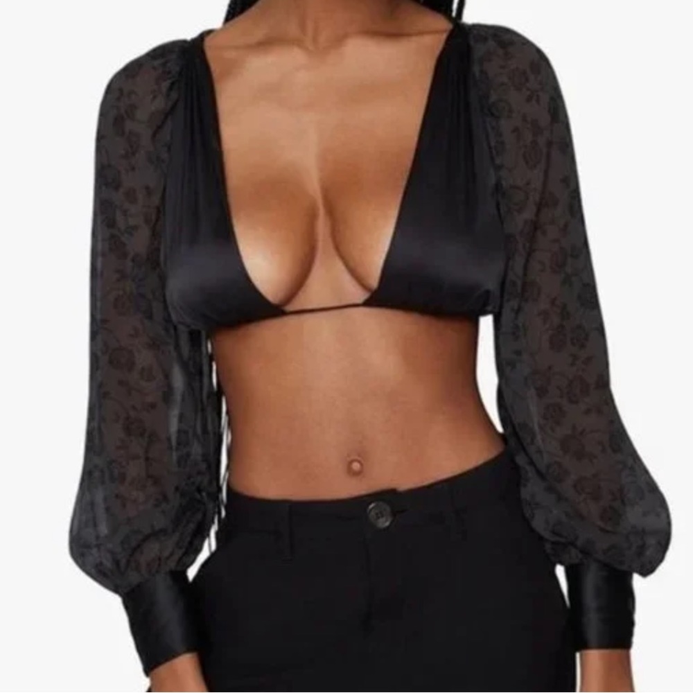 WeWoreWhat Puff Sleeve Tie Back Top, Black- Large